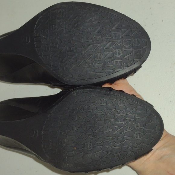 Etienne Aigner Black Peep Toe Wedge Leather Heels Shoes size 7m - Picture 7 of 10
